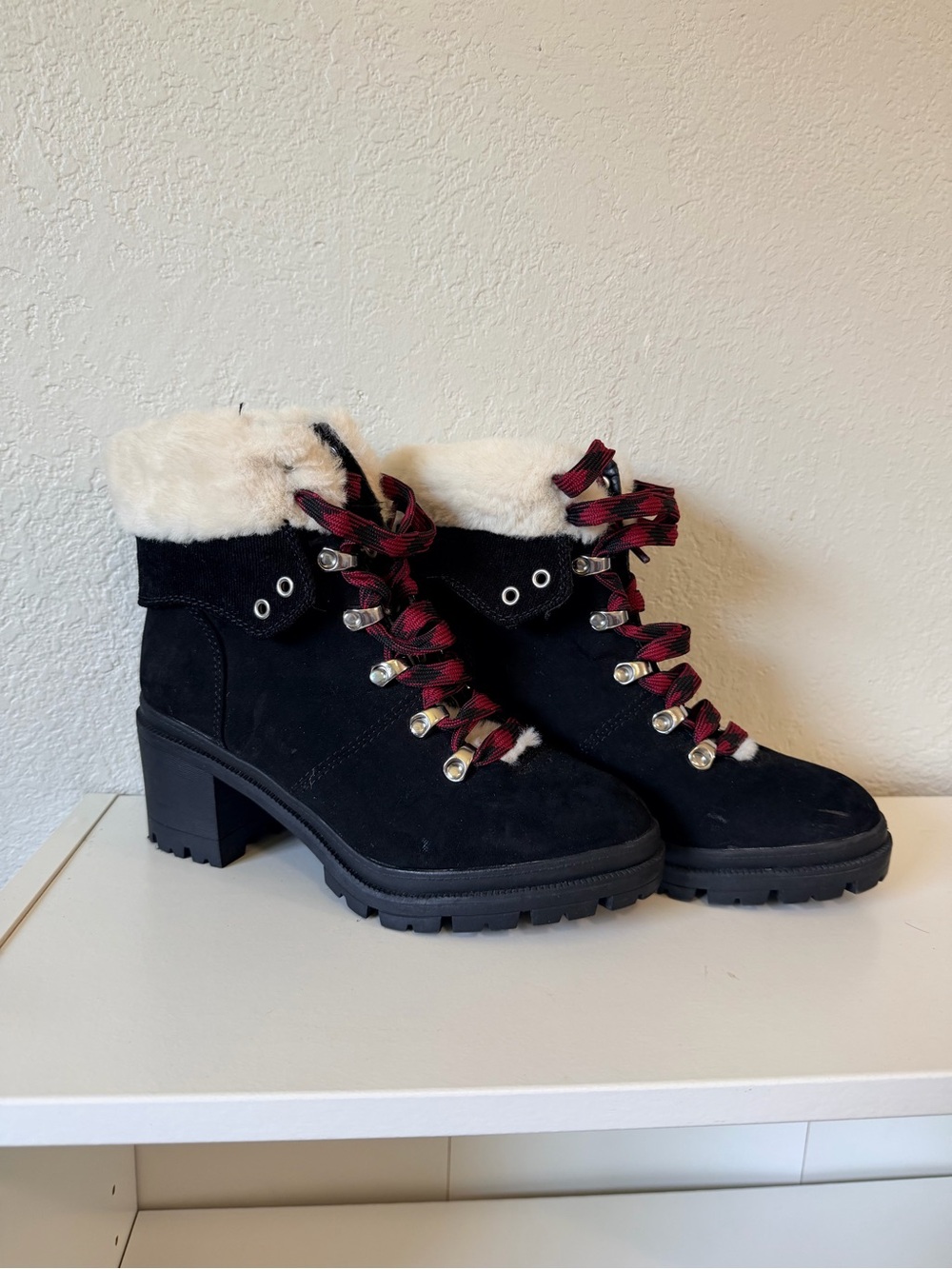 Women's Black Suede Faux-Fur Lace-Up Heel Boots